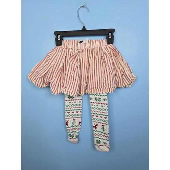 Girls Mud Pie Striped Christmas Pom Pom Skirt With Built In Tights Size 24M/2T - Picture 1 of 4